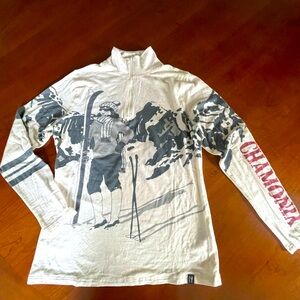 Neve wool ski top 1/4 zip mid-layer cream color mountain scene Chamonix large